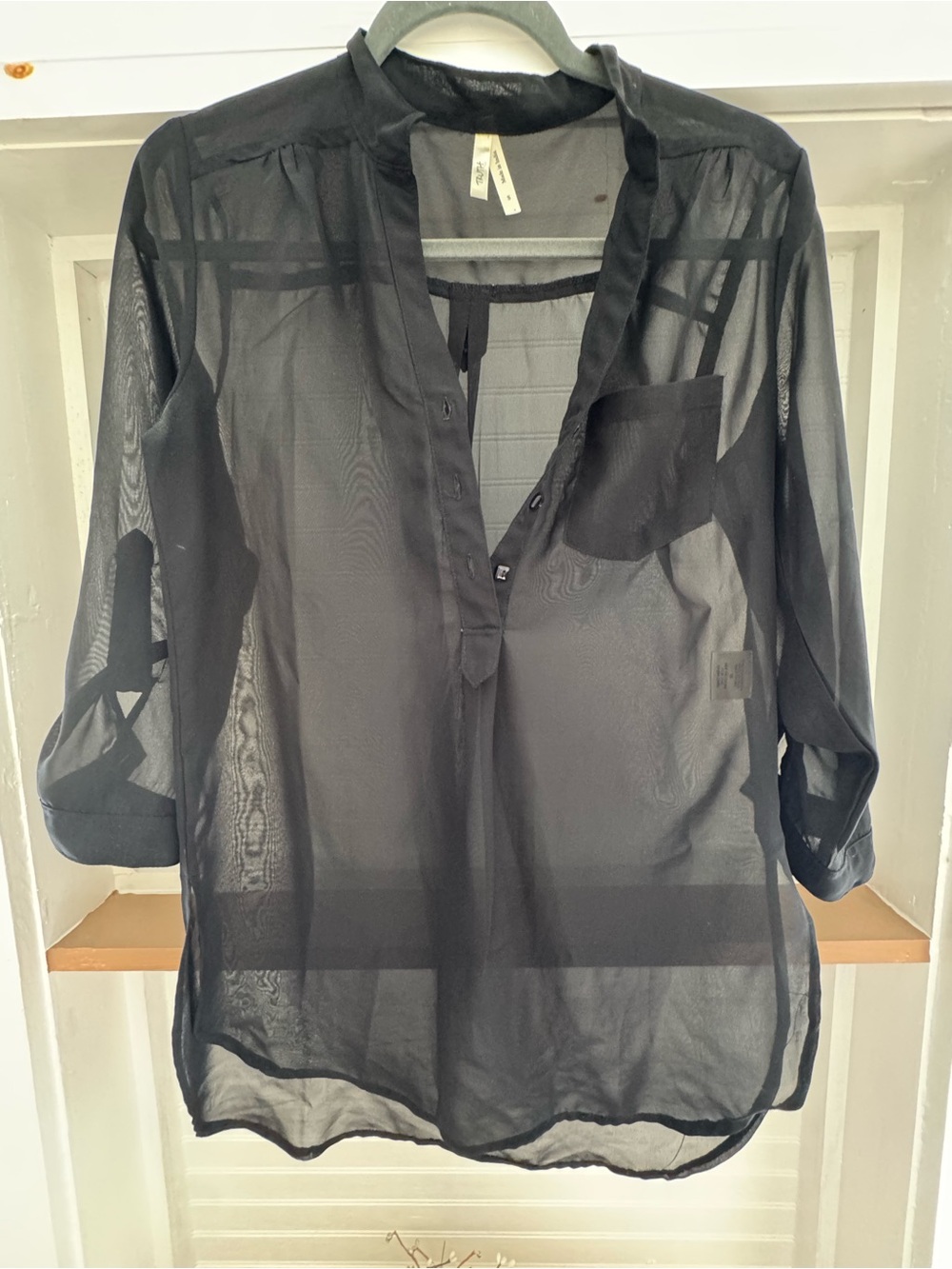 Truth Semi-Sheer Black Button-Neck Blouse